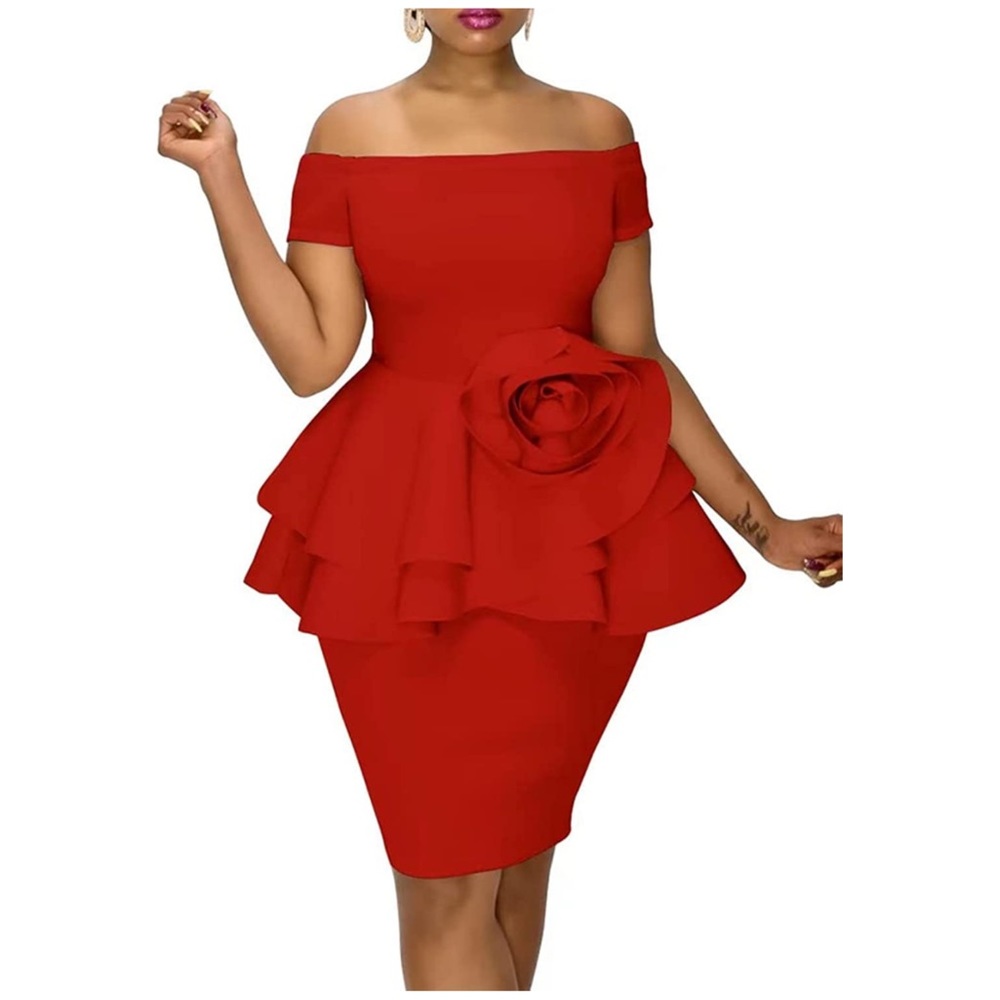 Women’s Red Hot Off Shoulder Big Flower Body-Con Dress (M) NWOT